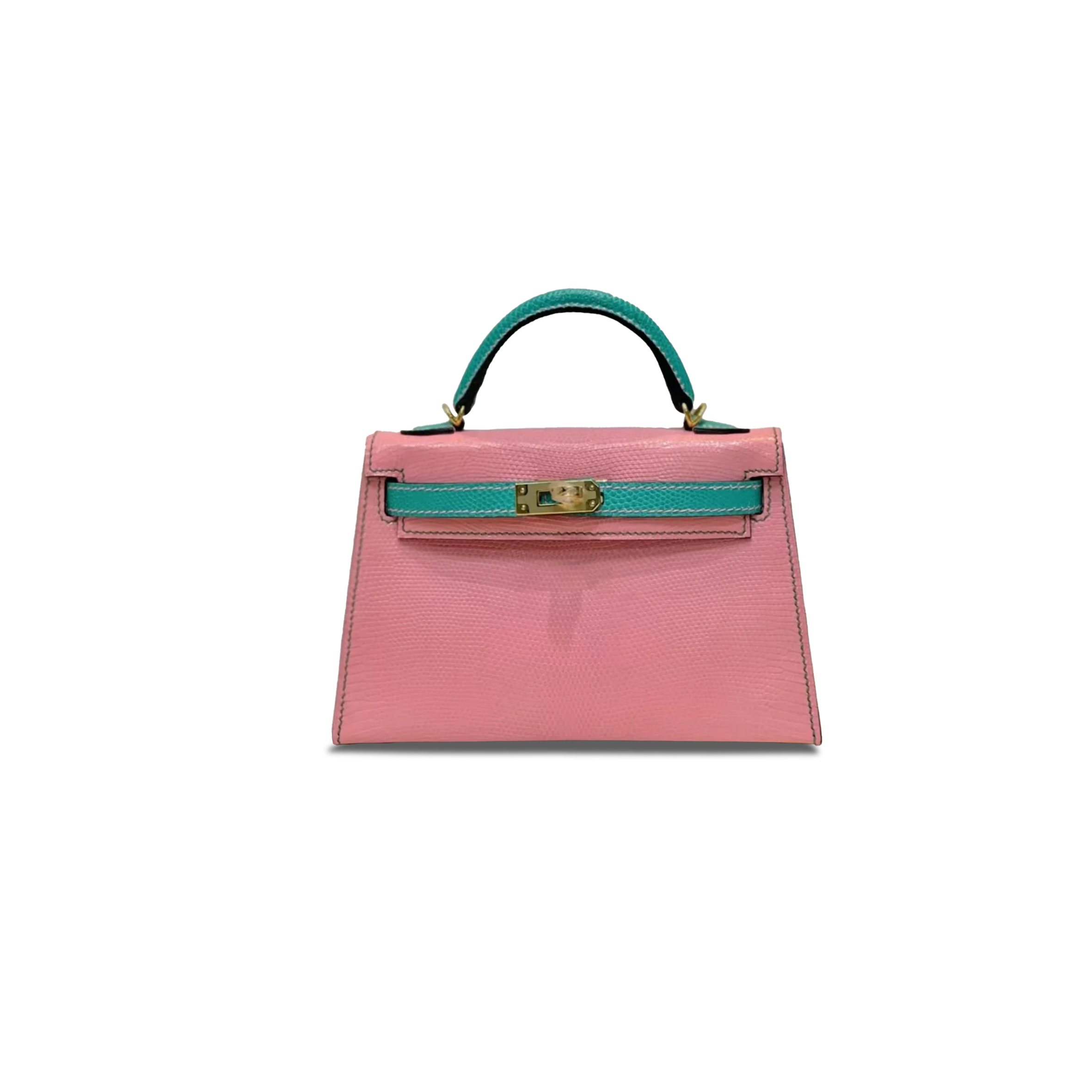 HERMÈS MASTER MINI KELLY II ROSE LIPSTICK AND VERT VERTIGO CHEVRE BRUSHED GOLD HARDWARE 378842 (19*12*5.5cm)